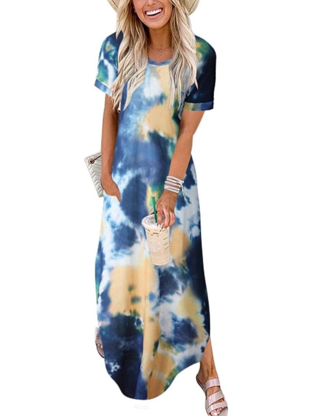 Women's Tie Dye Orange Summer Maxi Dress Short Sleeve Casual Split Long T Shirt